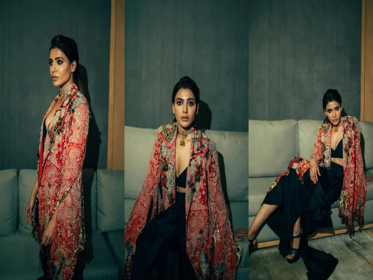 Samantha Ruth Prabhu stunning in a black co-ord set and red embroidered jacket by Anamika Khanna at Filmfare OTT night.