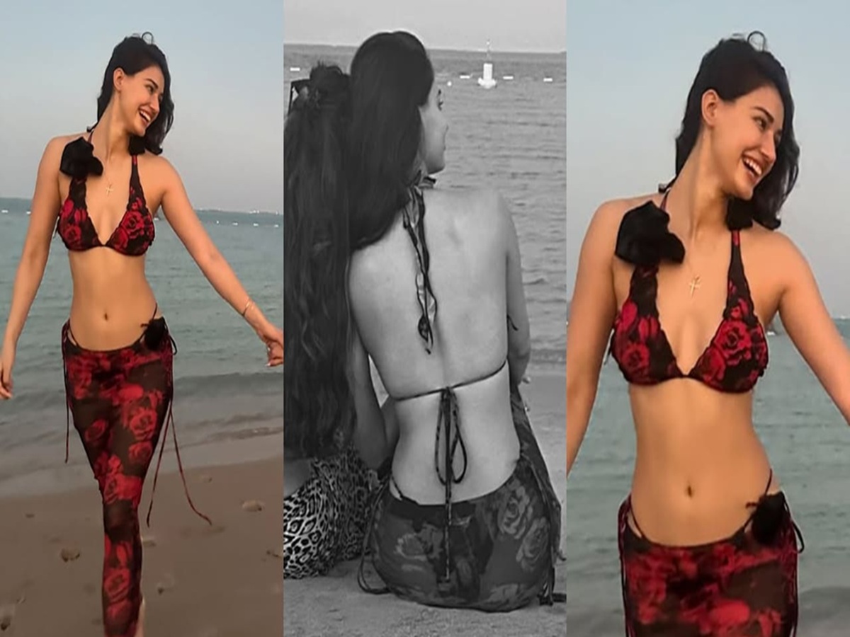 Disha Patani in a black and red floral co-ord set with bralette and skirt