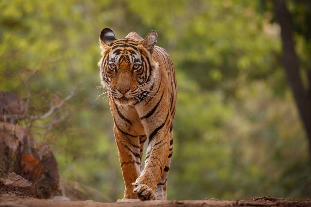 Bengal tiger walking in Indian jungle with lush greenery
