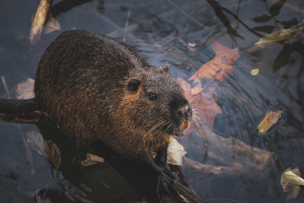 Canadian beaver building a dam in a natural habitat