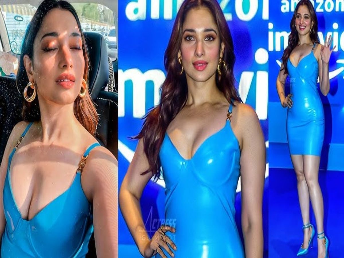 Tamannaah Bhatia radiating beauty in blue, showcasing her toned midriff and captivating smile.