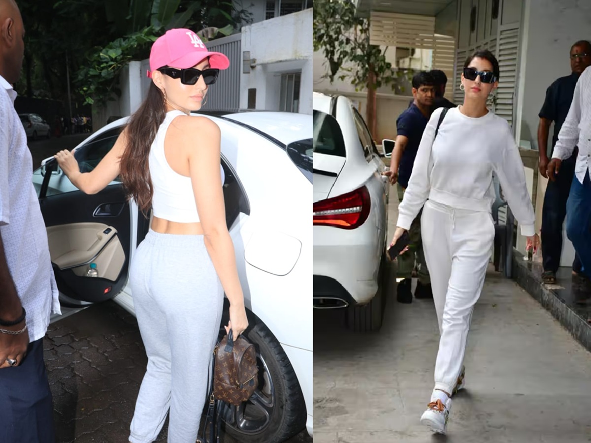 Nora Fatehi in a white sweatshirt and joggers in Bandra