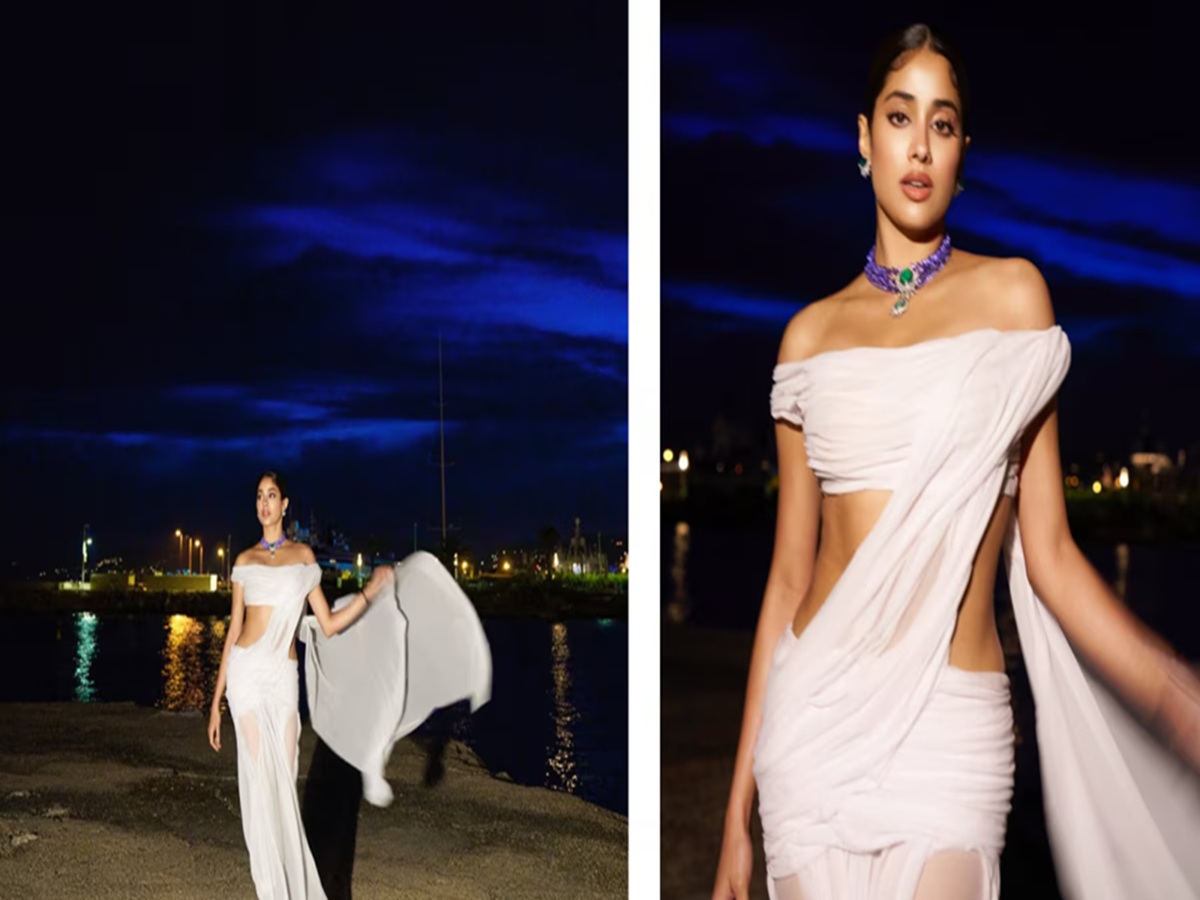 Janhvi Kapoor in a ruched off-shoulder blouse and white saree at Cannes 2025
