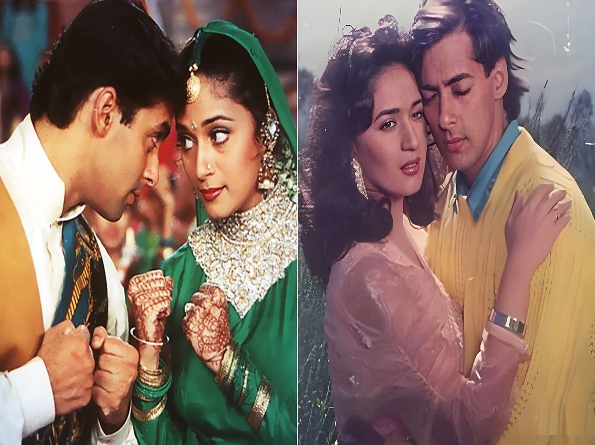 Salman Khan and Madhuri Dixit in a memorable scene from 'Hum Aapke Hain Koun,' showcasing their iconic on-screen chemistry.