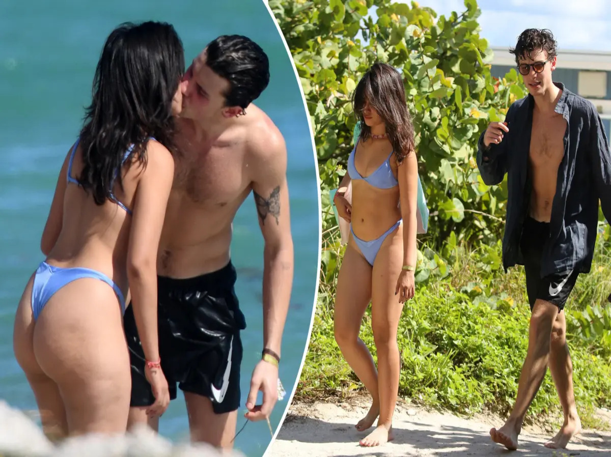 Shawn Mendes and Camila Cabello sharing a loving kiss in Miami Beach, showcasing their affection for each other.