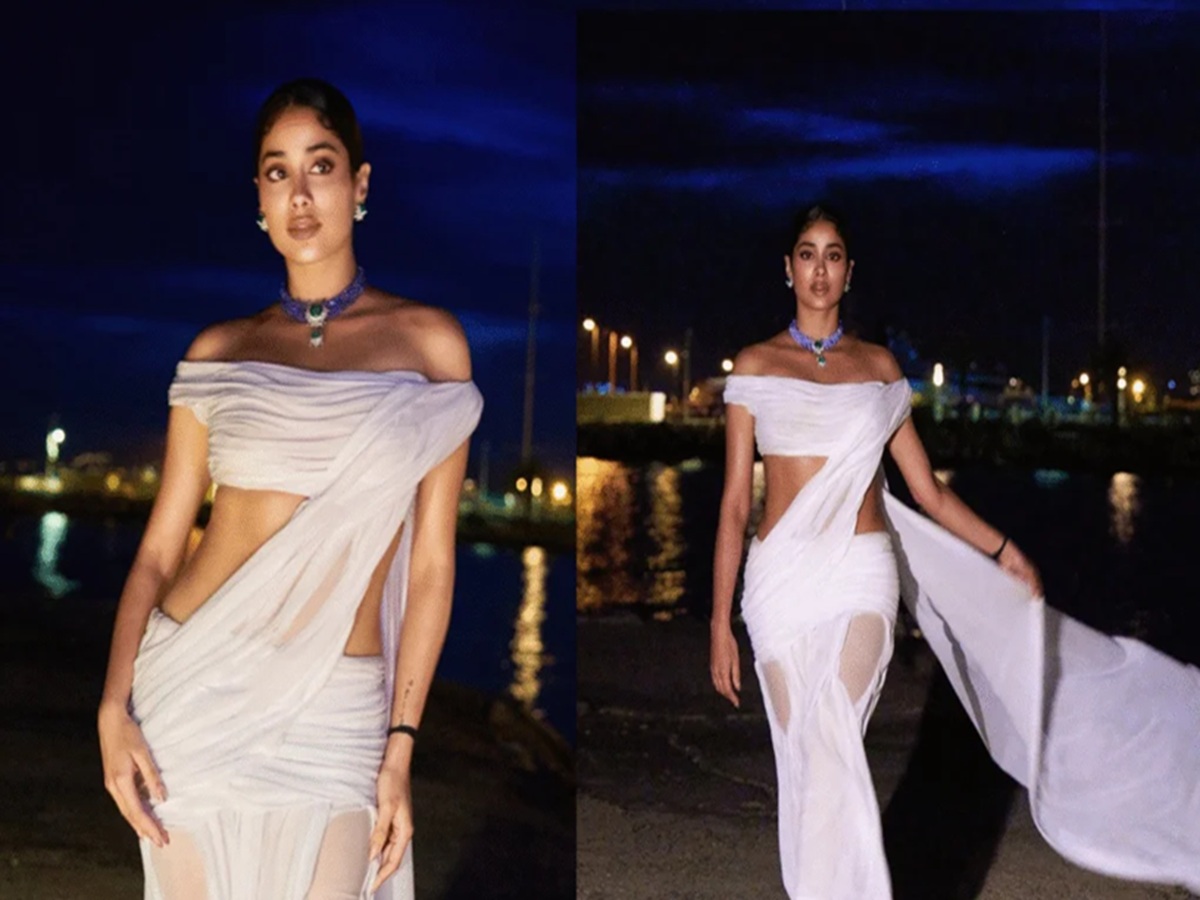 Janhvi Kapoor in a sheer white wet-look saree by Di Petsa at Cannes 2025