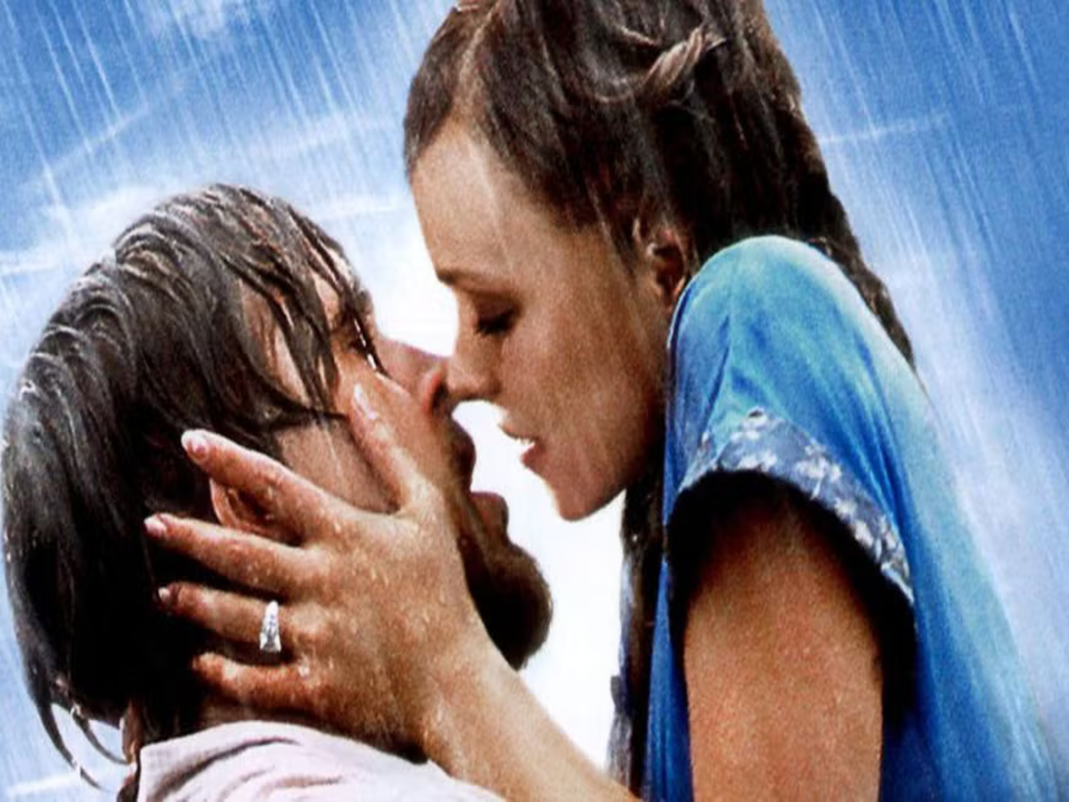 Ryan Gosling and Rachel McAdams sharing the iconic kiss from The Notebook, a moment that epitomizes romance in cinematic history.