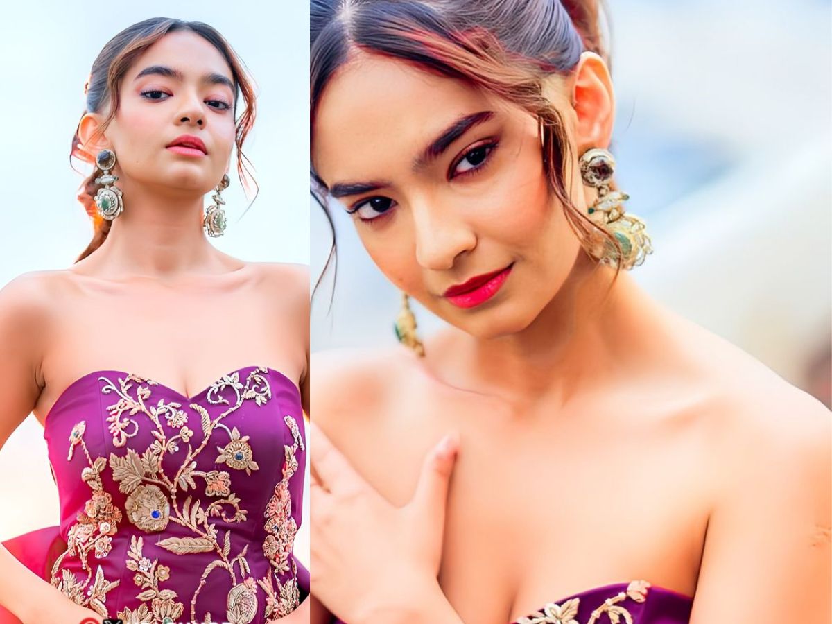 Embroidered strapless gown