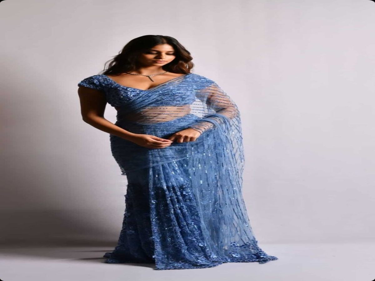 A figure wearing a stunning blue saree with sequins, showcasing elegance and style.