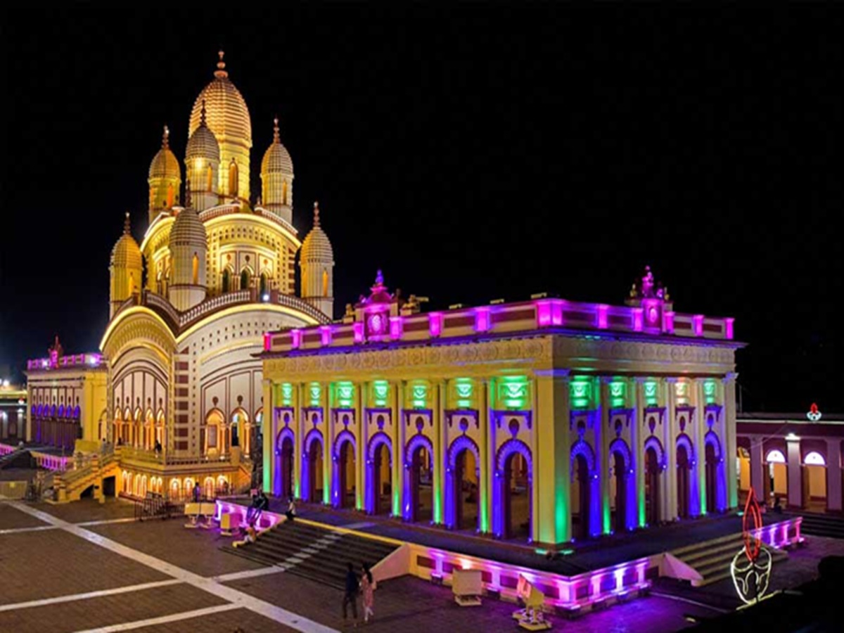 Dakshineswar Kali Temple with nine spires, located on the Hooghly River bank in Kolkata, West Bengal