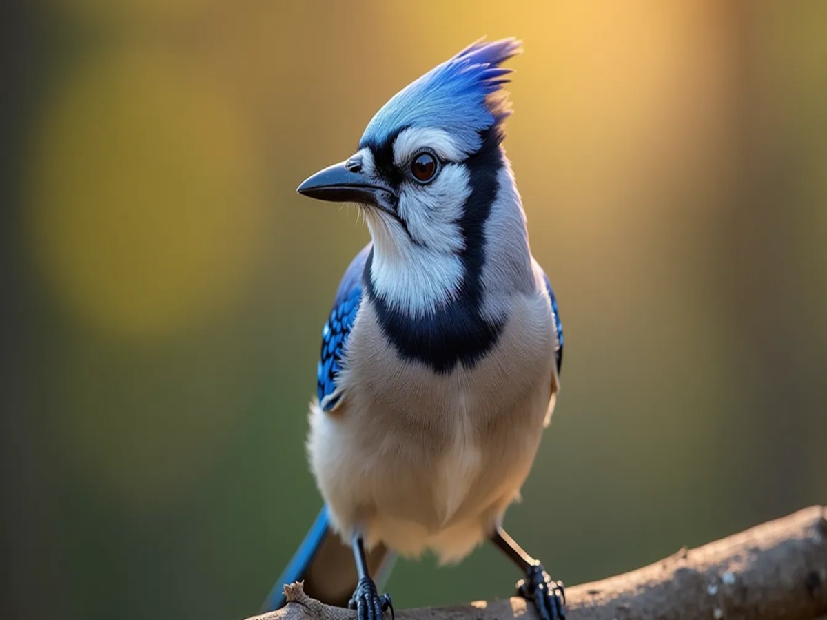 Blue Jay perched on a tree branch, showing its vivid blue feathers, white chest, and upright crest