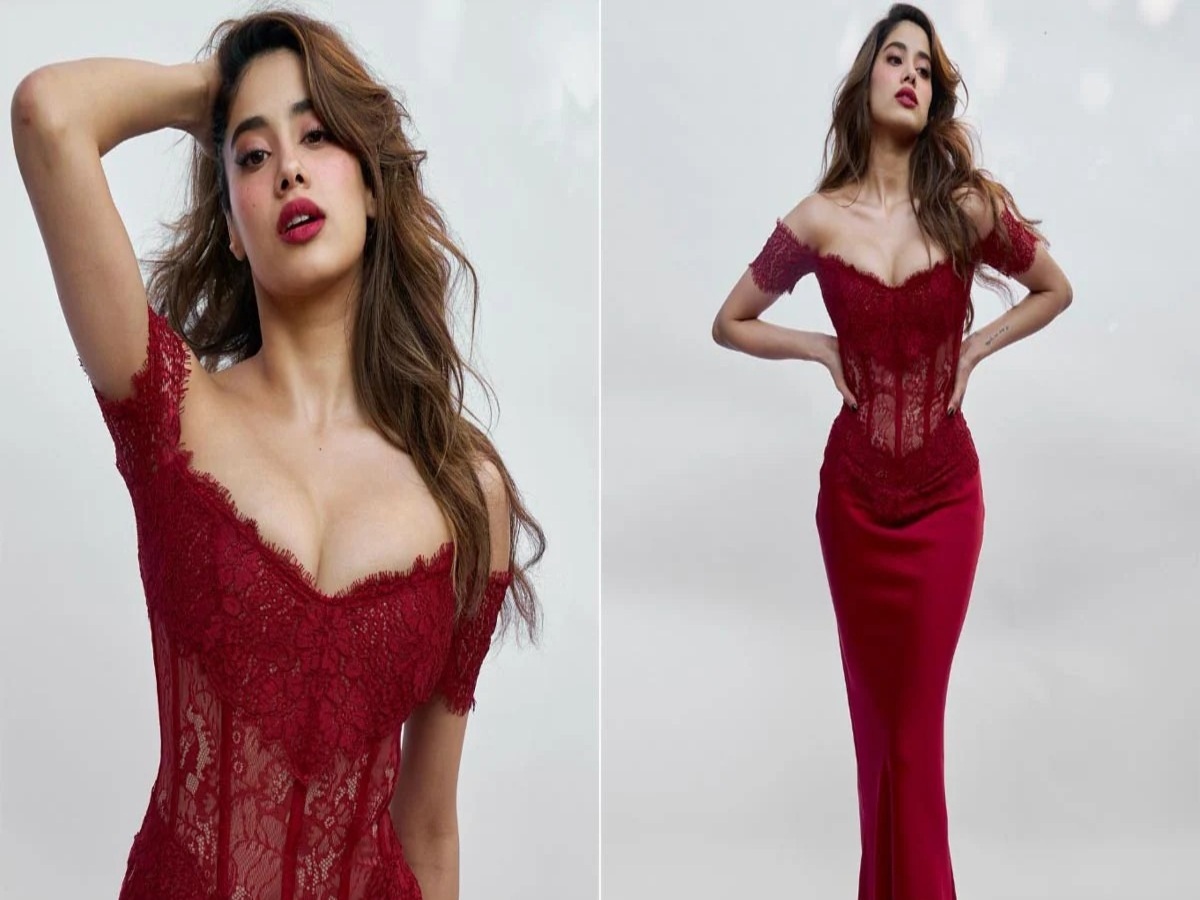 Janhvi Kapoor showcasing a breathtaking red lace gown, exuding elegance and style in a beautiful photoshoot.
