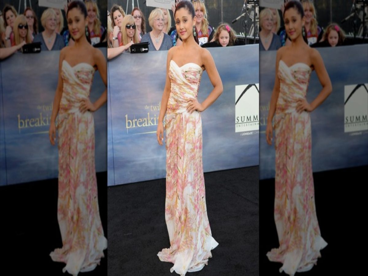 Ariana Grande in a floral dress at the "Twilight Saga: Breaking Dawn — Part 2" premiere.