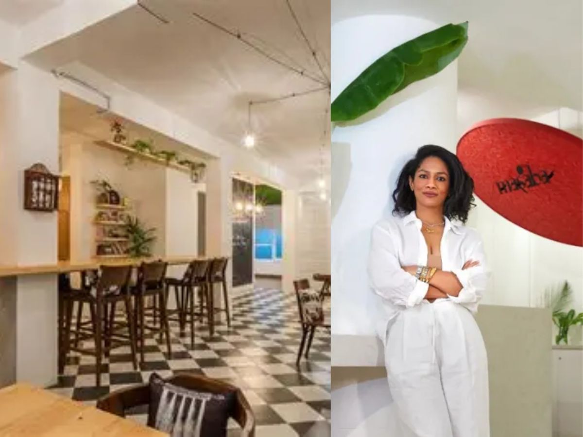 Colorful cafe interior with artistic walls at House of Masaba.