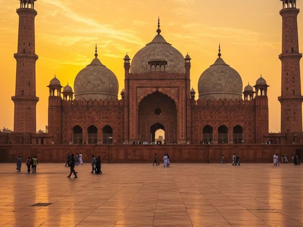 Silhouette of mosque minarets against an orange sky during sunset.