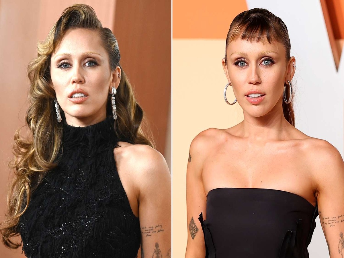 Miley Cyrus displaying a gelled updo and bleached eyebrows at the 2025 Oscars, a hairstyle that sparked controversy.