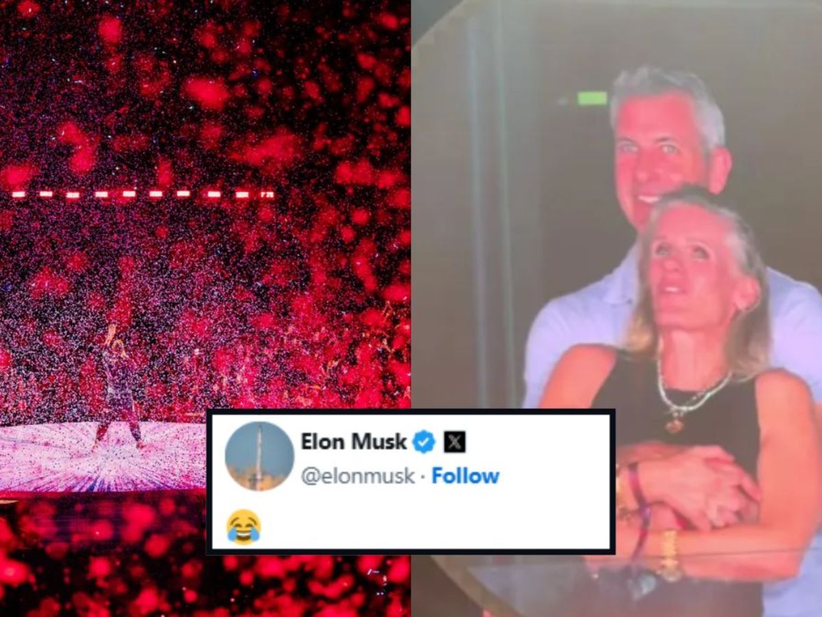Coldplay concert stage with red confetti and Elon Musk tweet overlay with laughing emoji.
