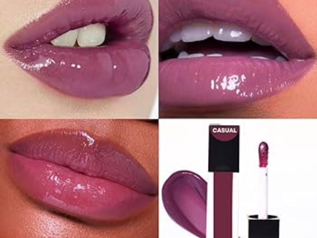 Lips coated in shiny mauve lip gloss