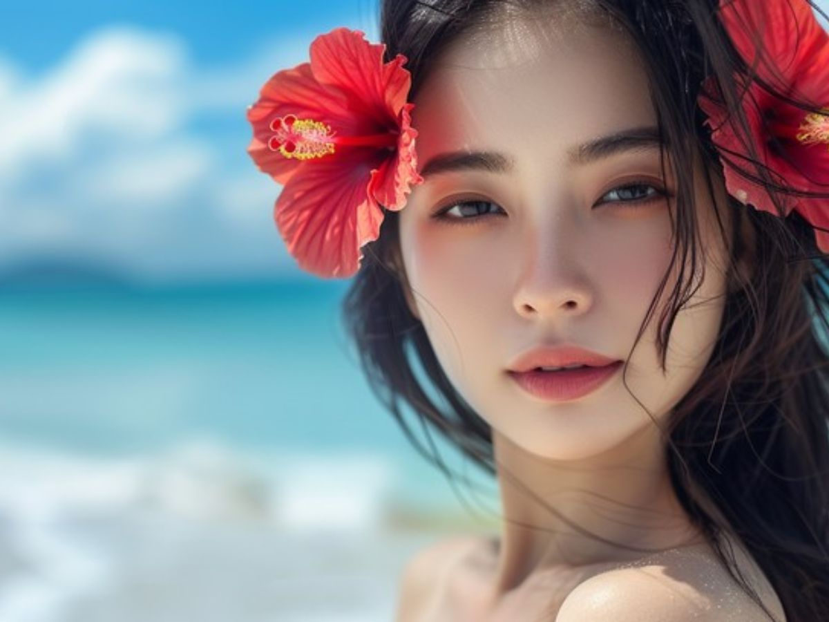 Coral lipstick on sun-kissed skin with beach background.