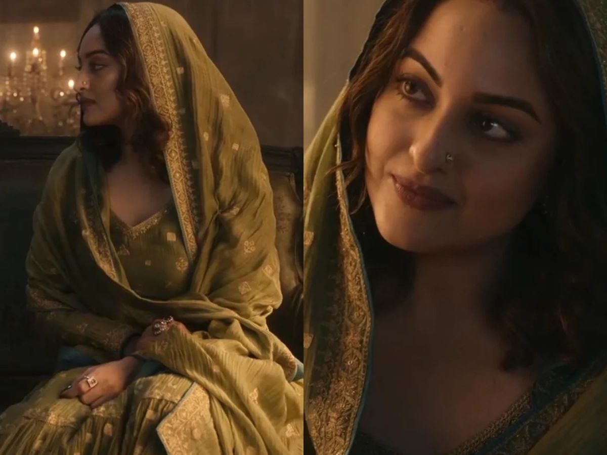 Sonakshi Sinha as Fareedan from Heeramandi, wearing a dark green and gold brocade anarkali suit with a dupatta covering her head, in a serene pose