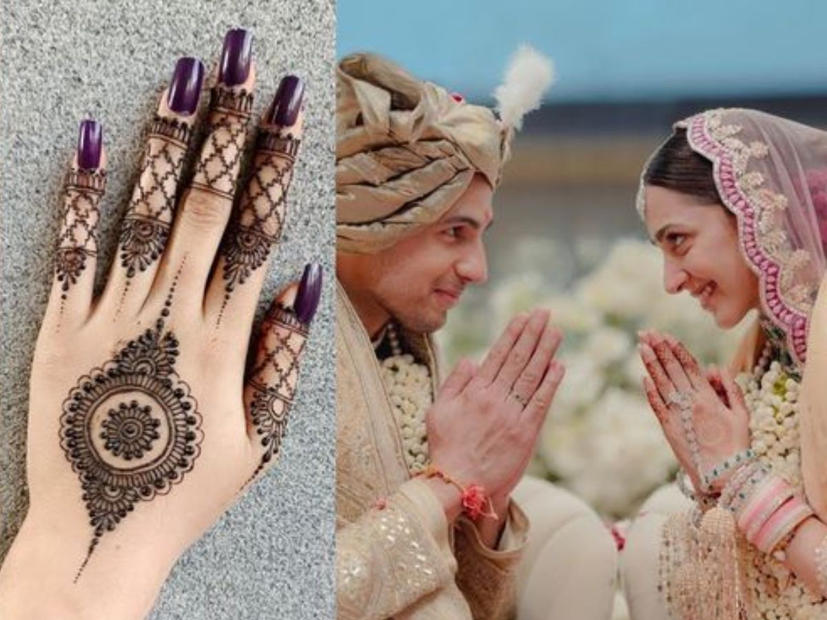 Kiara Advani and Sidharth Malhotra exchanging smiles on their wedding day with Kiara’s delicate mehndi design visible.
