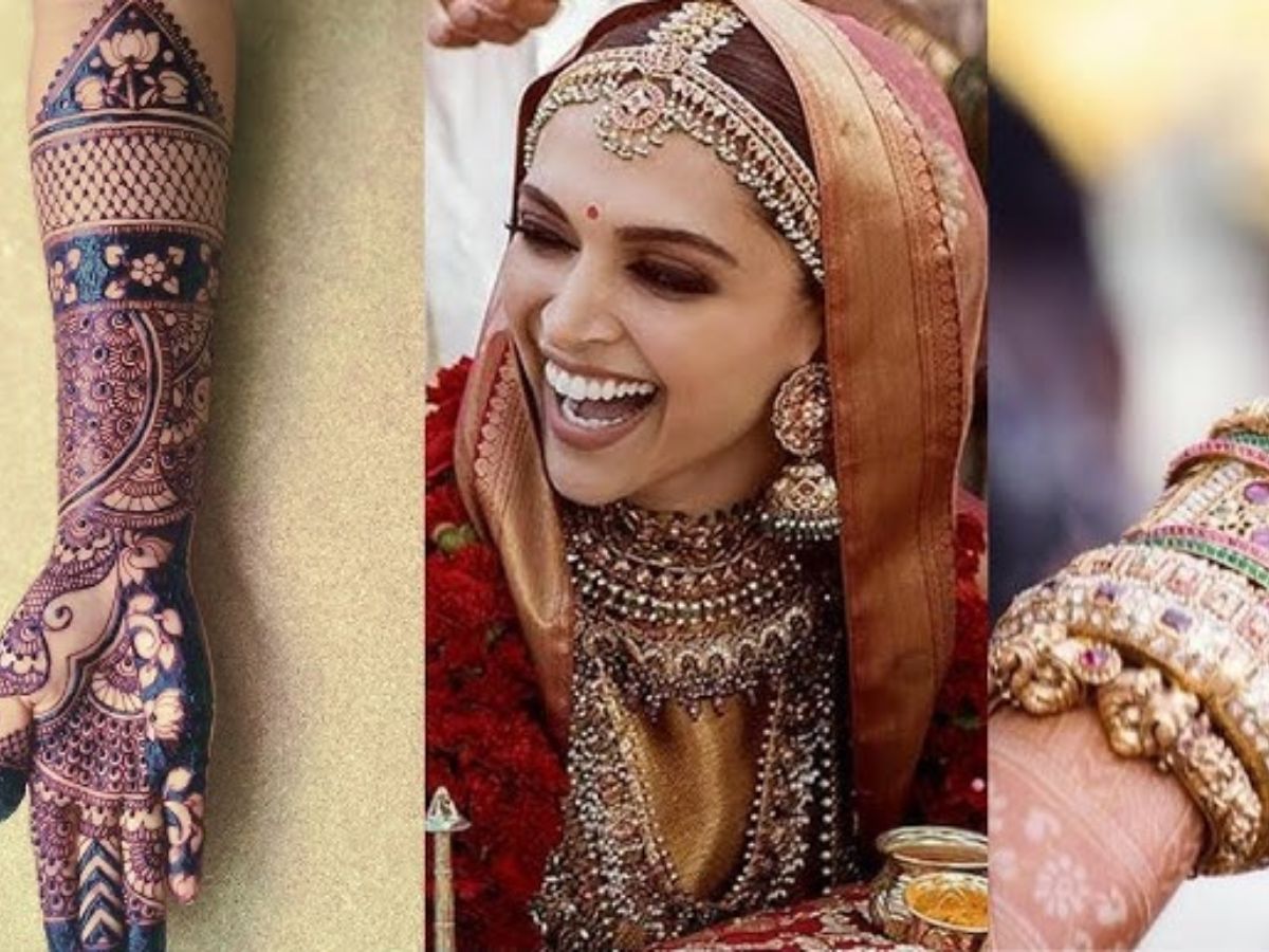 Deepika Padukone flaunting bold Rajasthani mehndi on her wedding day.