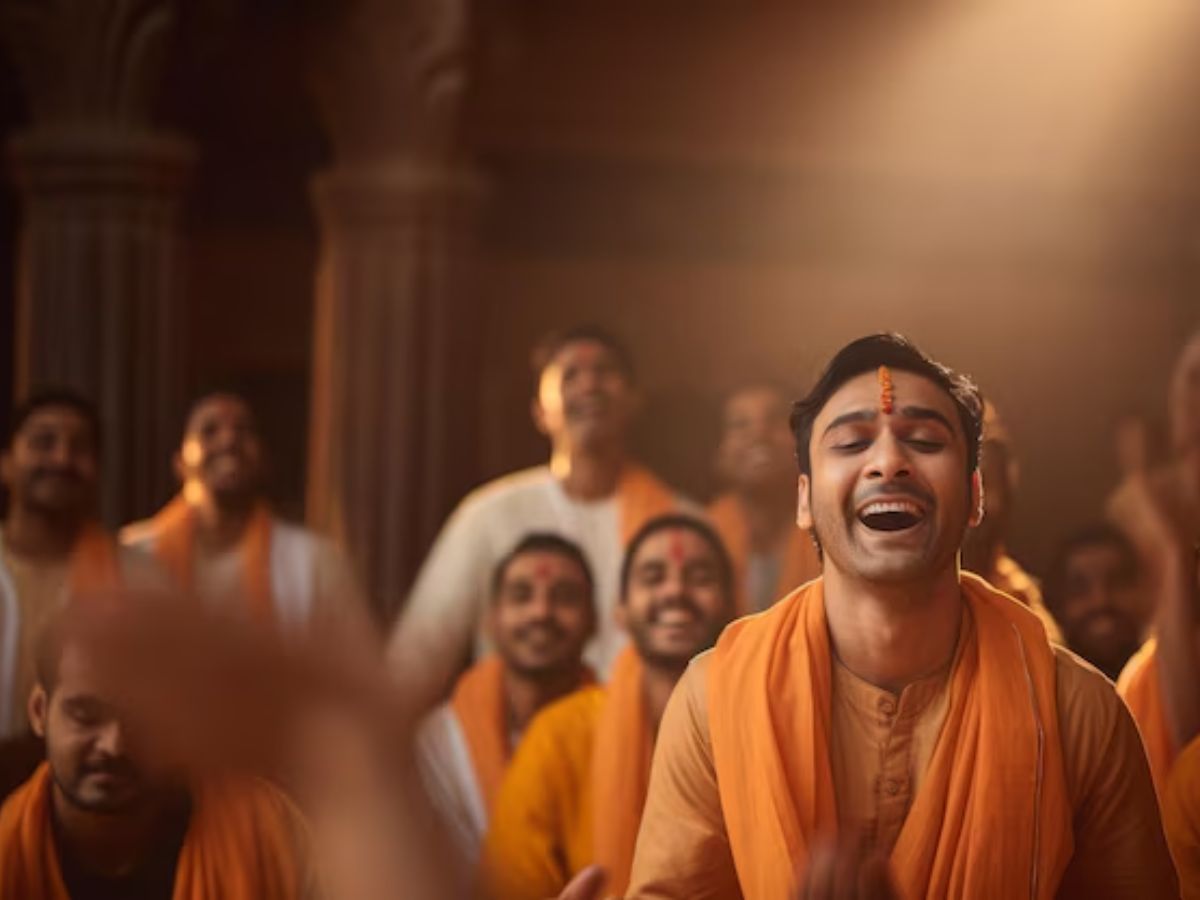 Devotees singing bhajans and keeping night-long vigil in temple.