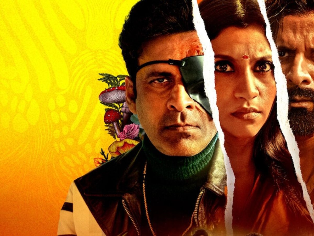 Killer Soup poster showing Manoj Bajpayee with an eyepatch and Konkona Sen Sharma in intense expressions against a yellow background.