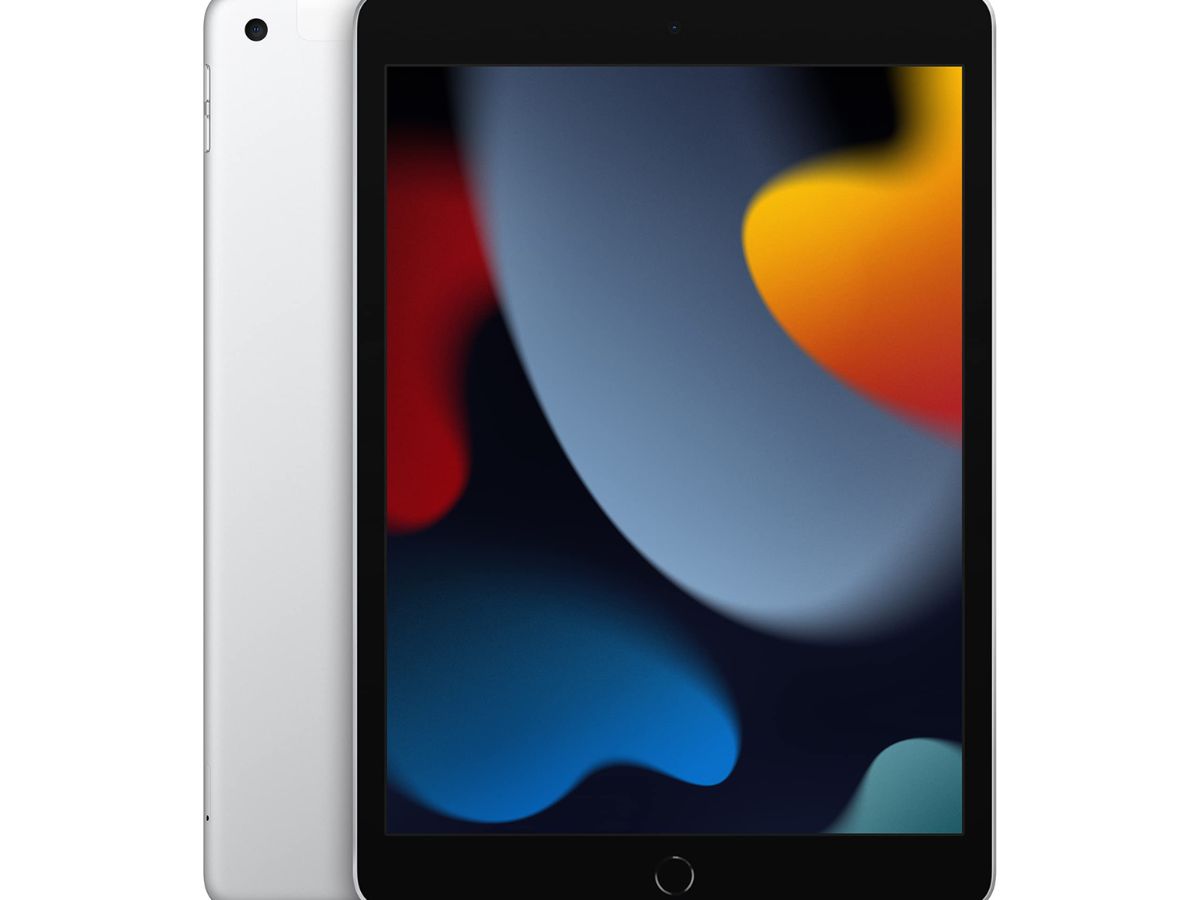 A silver-backed iPad with a black screen displaying an abstract, colorful wallpaper, highlighting its modern design and display.
