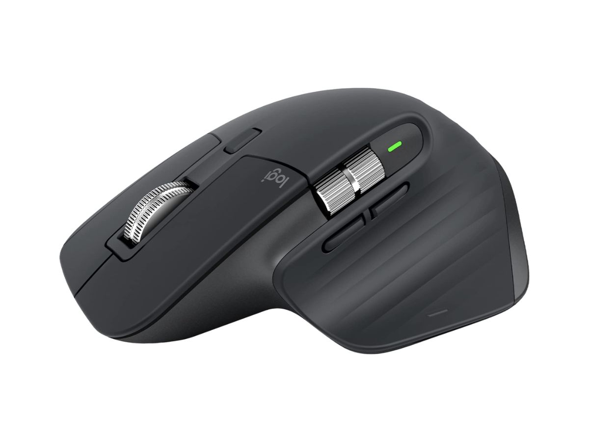 A black ergonomic computer mouse, likely a Logitech MX Master, featuring multiple customizable buttons and a scroll wheel, indicating advanced functionality for productivity.