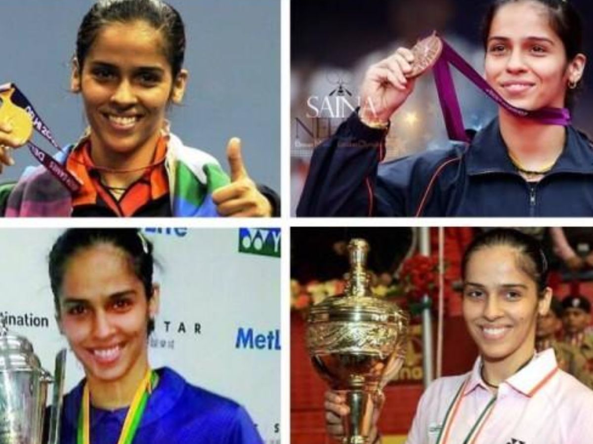 Saina Nehwal holding multiple international badminton trophies