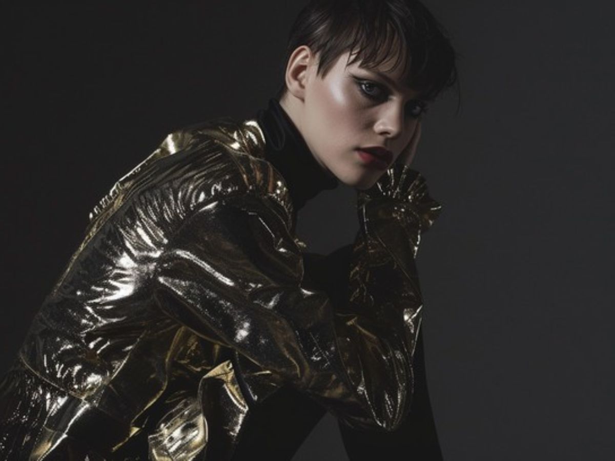 Model in a futuristic black coat