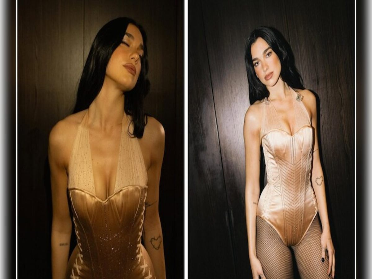 Dua Lipa in a chic beige corseted bodysuit.
