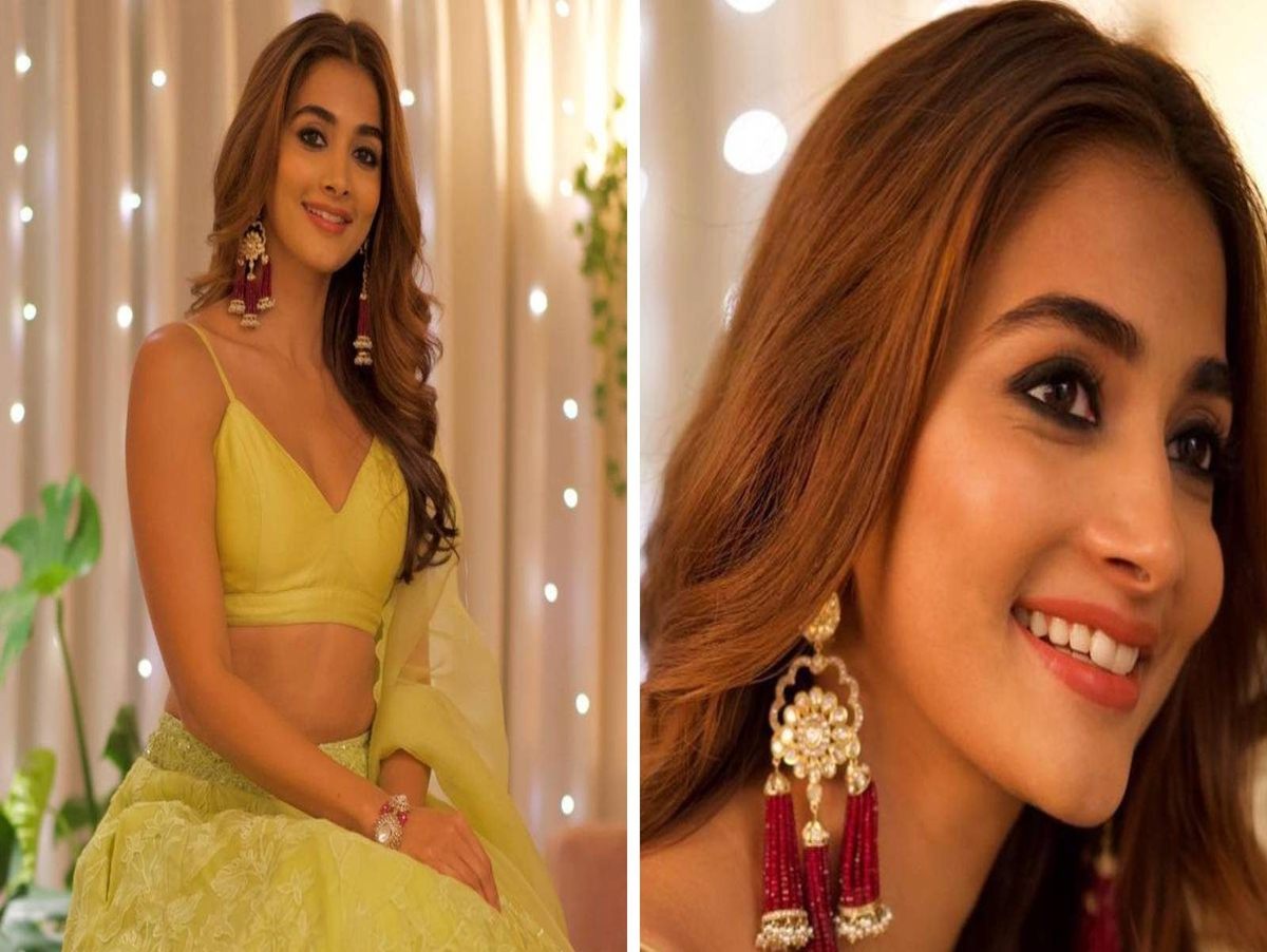 Pooja Hegde in a bright lime lehenga for Diwali.