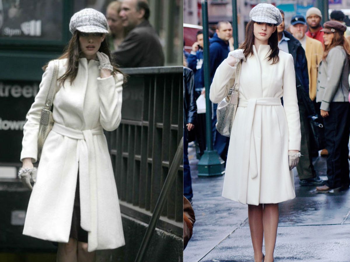 This outfit reflects Andy's elegant transformation, including a spotless white belted coat, dainty gloves, and a stylish newsboy hat. It captures her impeccable taste perfectly as she walks on the busy streets of New York City.