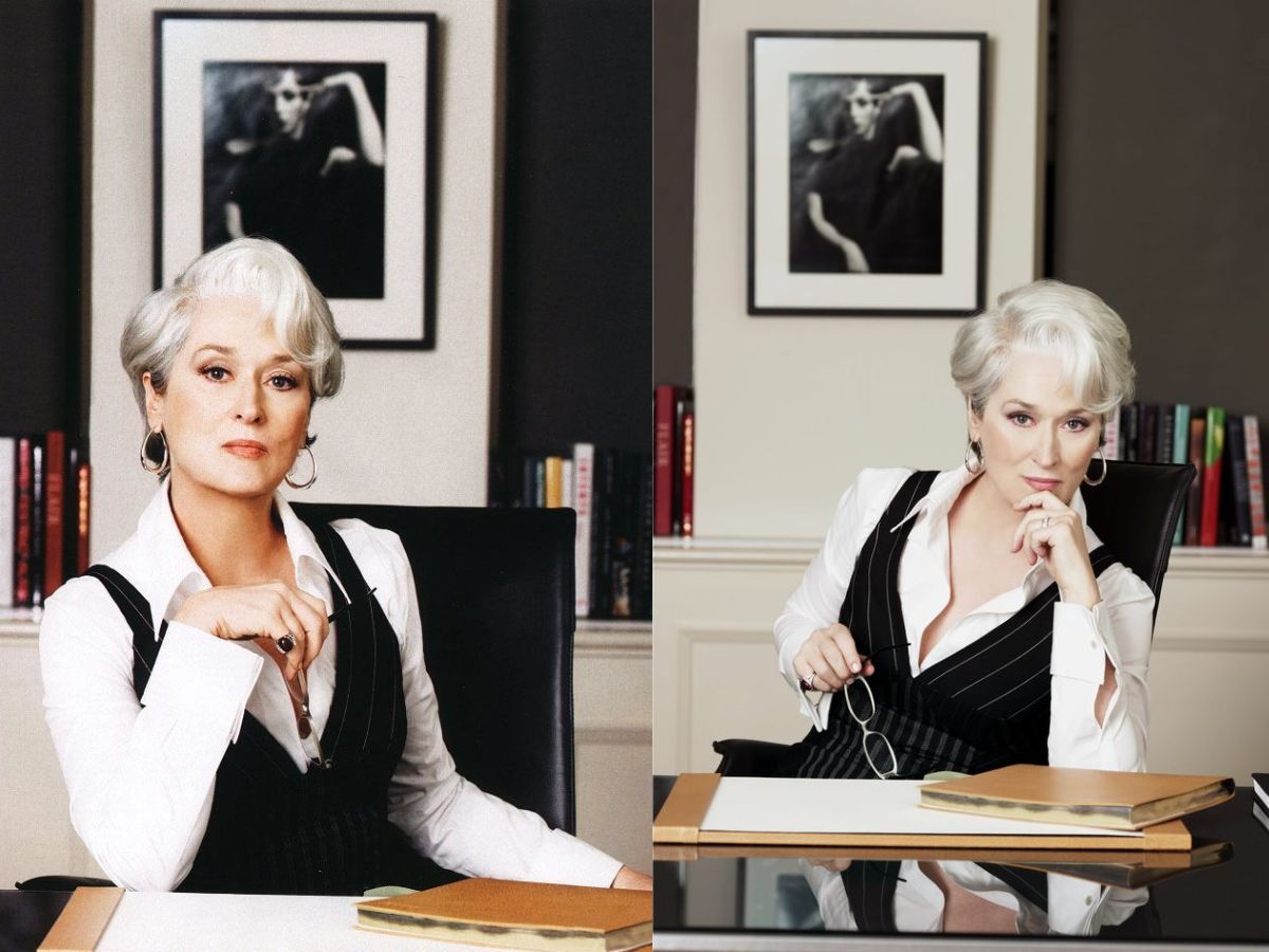 This photograph best captures Miranda Priestly's commanding presence and signature style. Her immaculate white blouse, pinched waistcoat, and trademark silver coiffure convey utter dominance and uncompromising insistence on perfection in the cutthroat fashion universe.