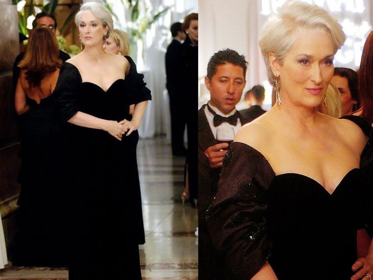 Eyes are drawn here, however, by Miranda Priestly in this breathtaking black dress, exuding ageless elegance and her own aura of formidable authority. Her polished but dramatic jewelry and flawless coiffure finish an unmatched aura of elegance and authority.