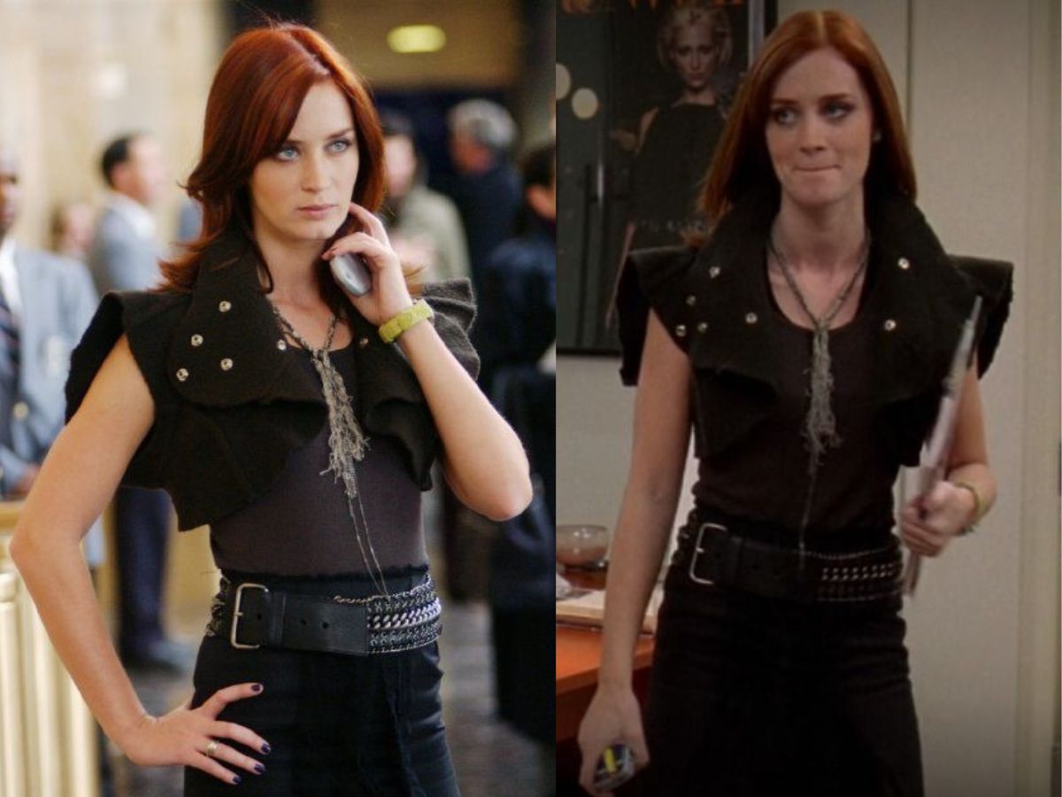 Emily Charlton carelessly adds up some designer handbags, such as Hermès orange classic, as she is chattering on the phone, defining the high-stress, high-stride lifestyle of Runway. Her stylish plaid skirt and knee boots seal her position as fashion insider.