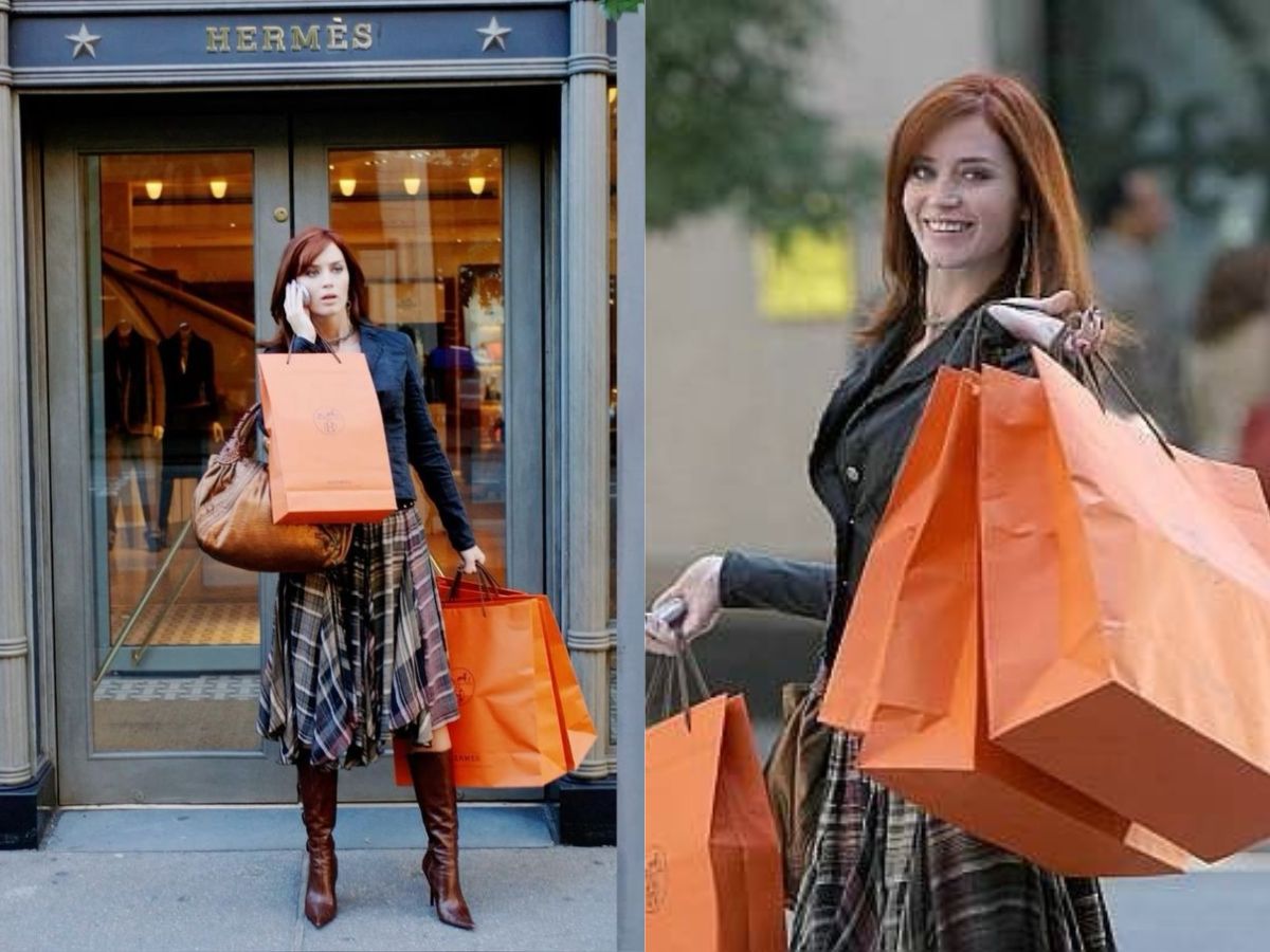 Emily Charlton carelessly adds up some designer handbags, such as Hermès orange classic, as she is chattering on the phone, defining the high-stress, high-stride lifestyle of Runway. Her stylish plaid skirt and knee boots seal her position as fashion insider.