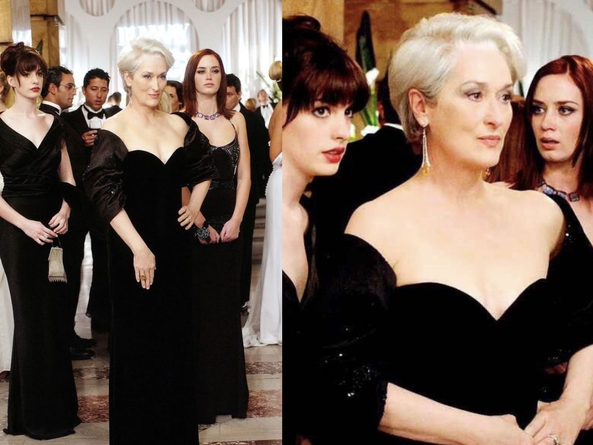 Miranda Priestly steps out in her dramatic black attire, surrounded by her devoted assistants Andy Sachs and Emily Charlton. In this scene, one observes their individual yet conflicting styles and their combined influence at a huge fashion occasion.