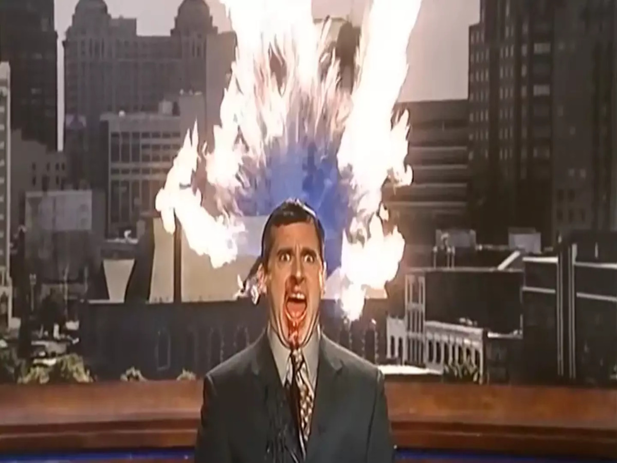 A reference to the deleted scene in "Bruce Almighty" showing Evan Baxter (Steve Carell) with his head on fire, highlighting the comedic chaos caused by Bruce's (Jim Carrey) powers.