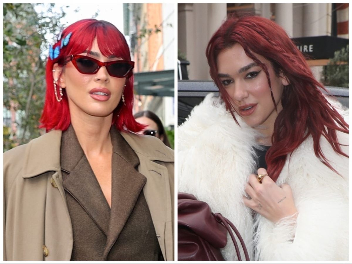 Two women with similar appearances, showcasing bold red hair and distinct fashion styles.