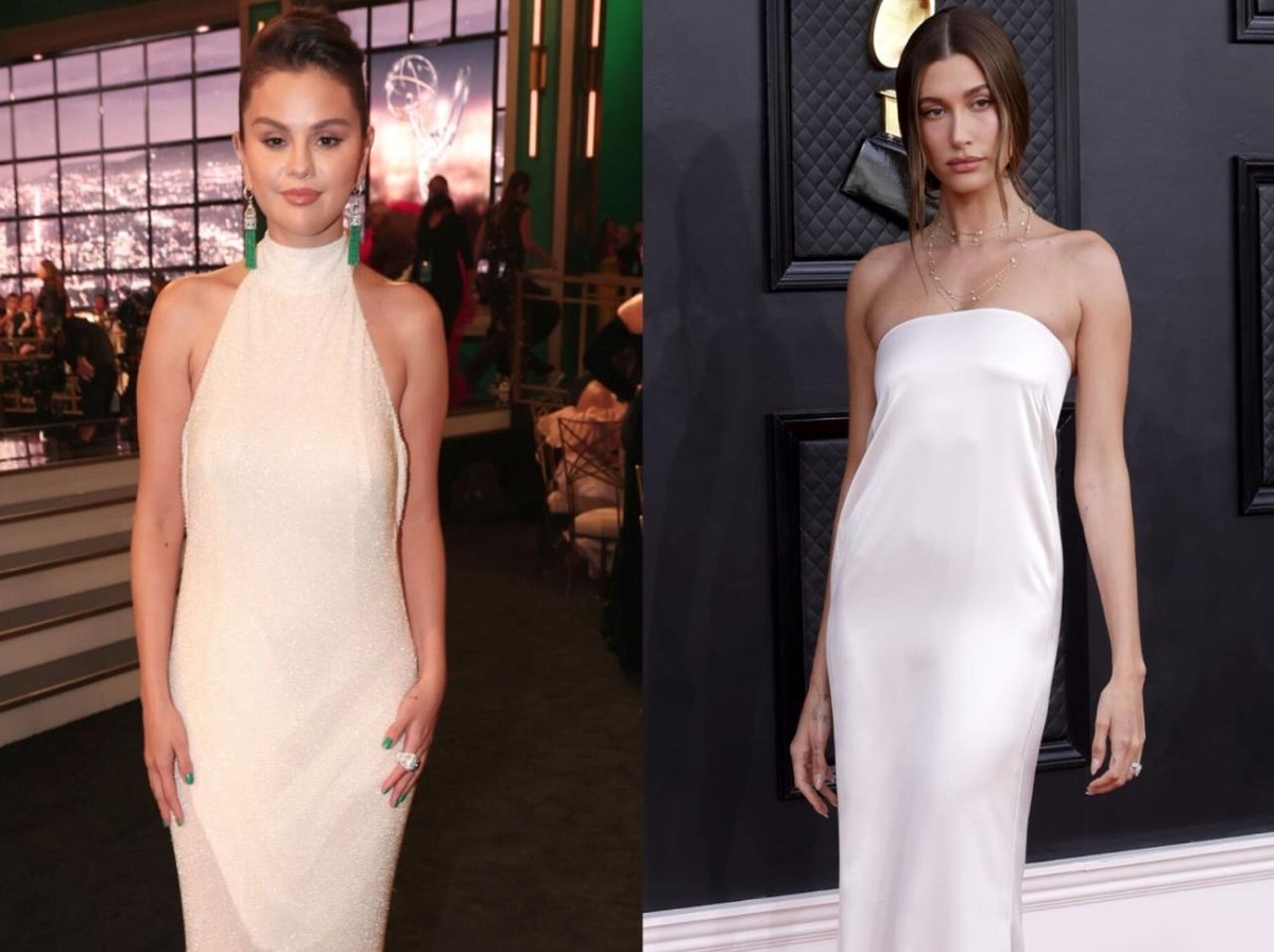 Selena Gomez and Hailey Bieber in similar cut-out dresses on the red carpet.