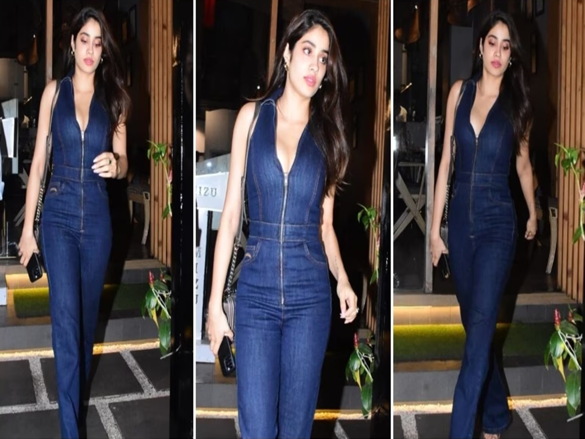 Janhvi Kapoor wearing a deep-neck denim jumpsuit styled with minimal accessories