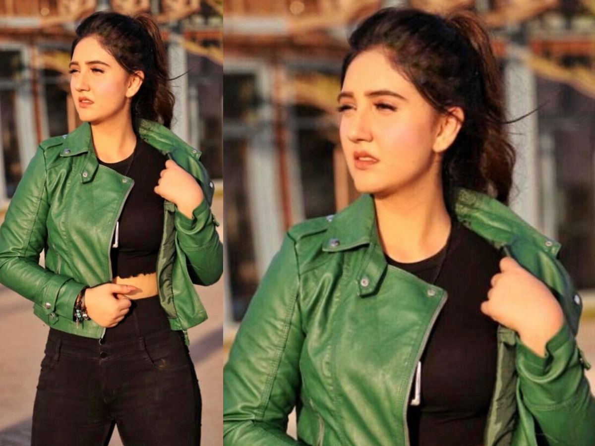 Green Leather Jacket with Black Crop Top
