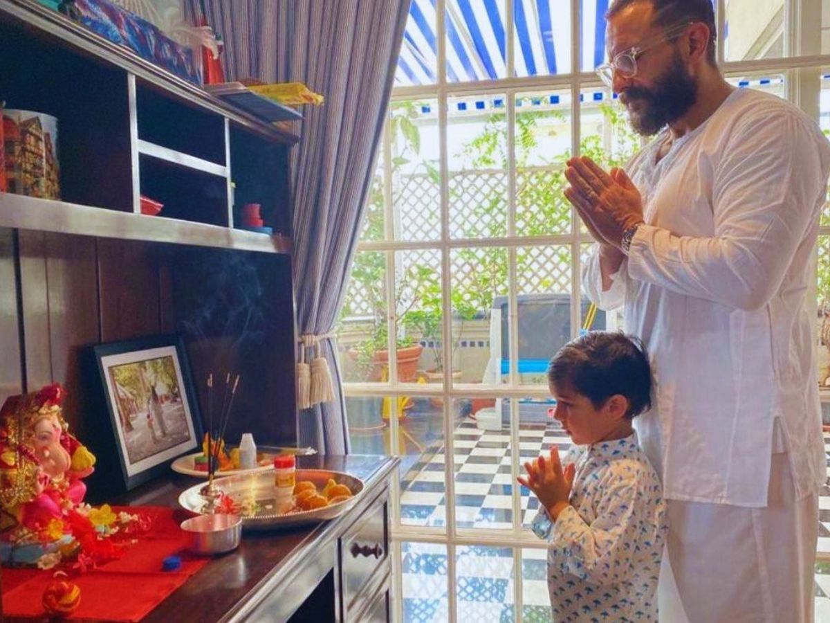 Saif Ali Khan seen here worshipping Lord Ganesha with his younger son Jeh (Pic Credit: Instagram)