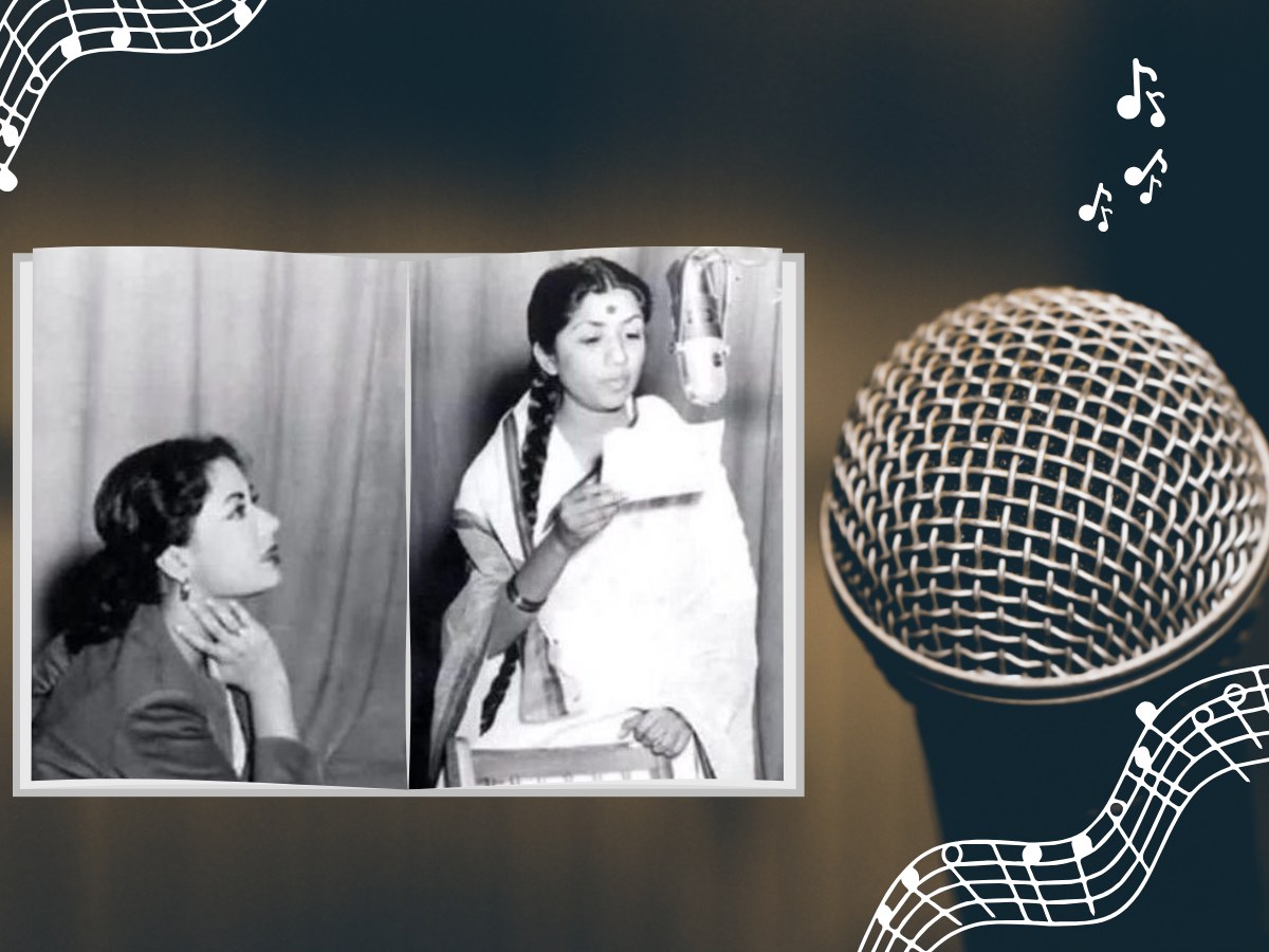 Lata Mangeshkar & Meena Kumari at a recording session