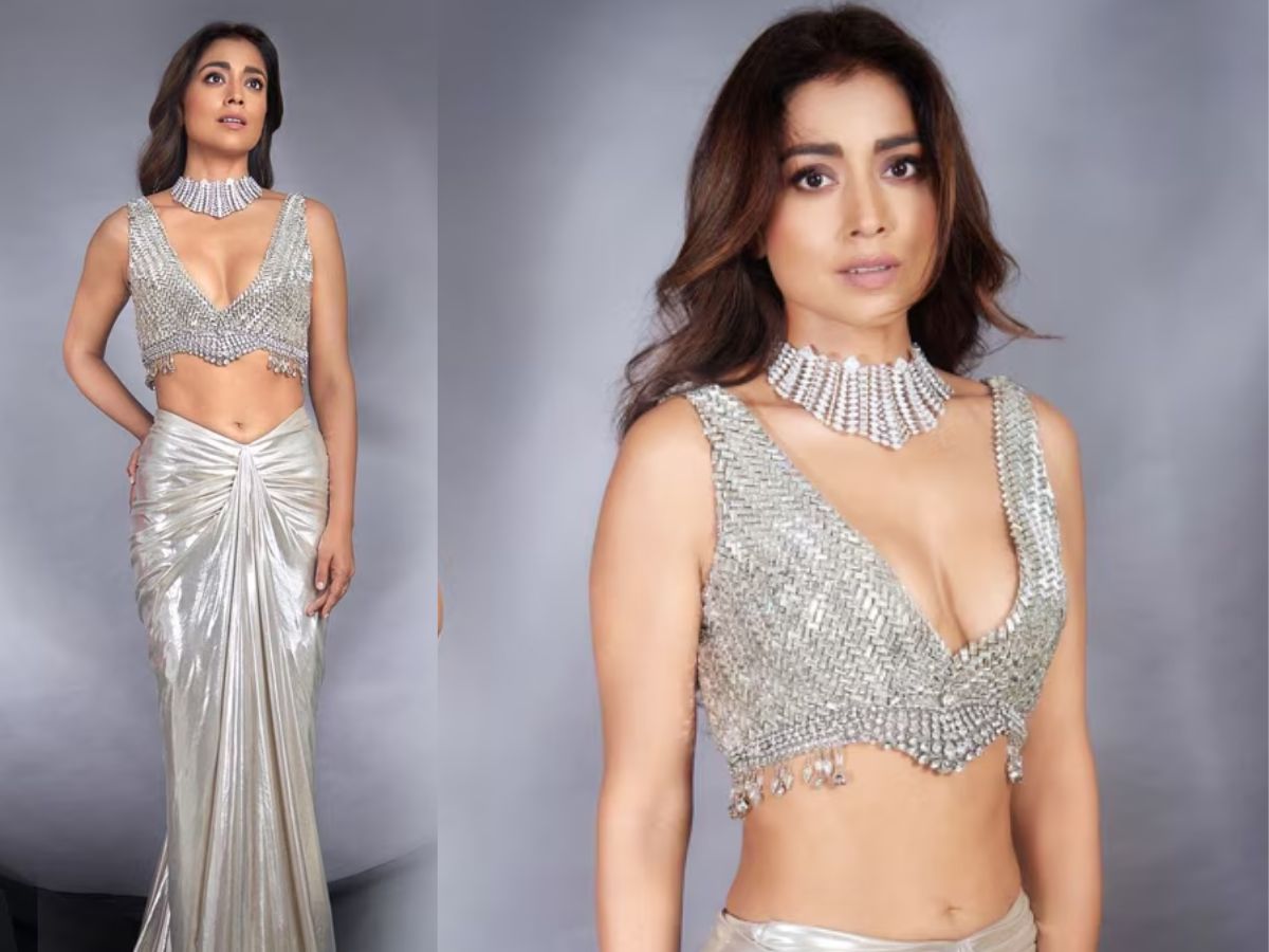 Shriya Saran in Silver Metallic Saree Inspired Outfit