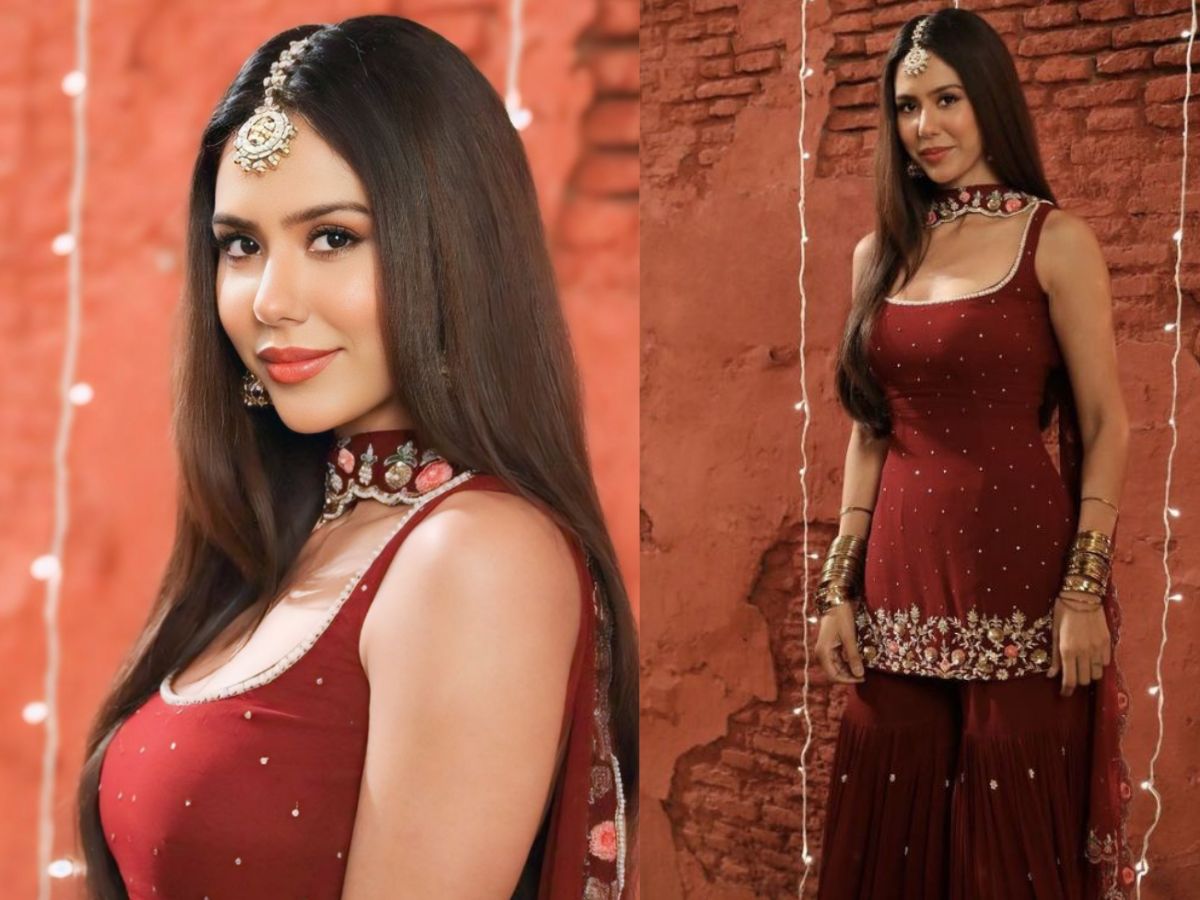 Brown Sharara with Maang Teeka Look