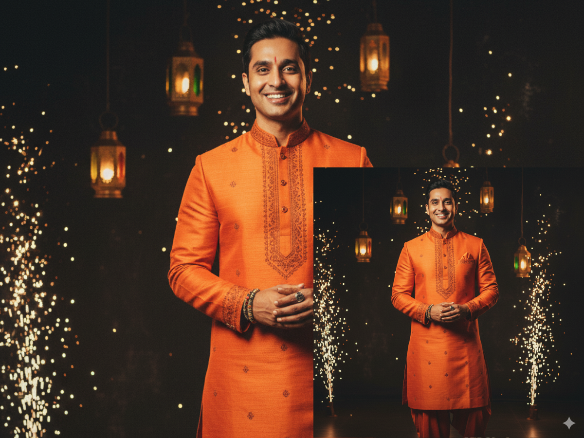 Prompt 5: Orange Pathani Suit with Firework Glow